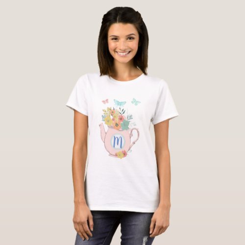 Pink Teapot with Flowers  Butterflies Monogram T_Shirt