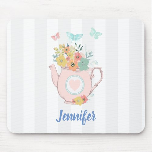 Pink Teapot with Flowers  Butterflies Mouse Pad