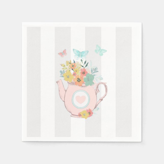 Pink Teapot with Flowers & Butterflies Napkins (Front)
