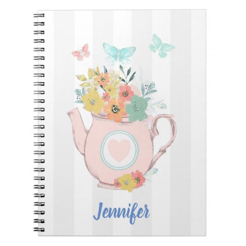 Pink Teapot with Flowers  Butterflies Notebook