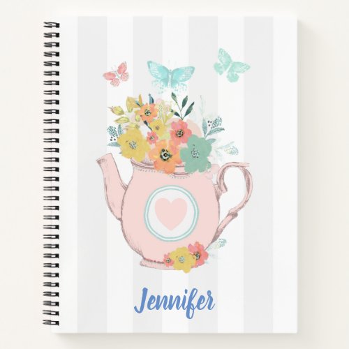 Pink Teapot with Flowers  Butterflies Notebook