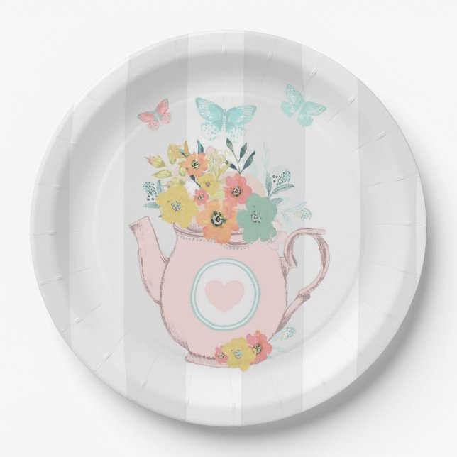 Pink Teapot with Flowers & Butterflies Paper Plates (Front)