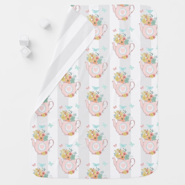 Pink Teapot with Flowers & Butterflies Pattern Baby Blanket (In Situ)