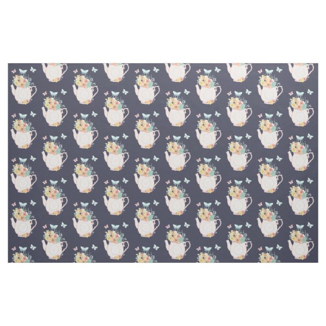 Pink Teapot with Flowers & Butterflies Pattern Fabric (Fat Quarter)