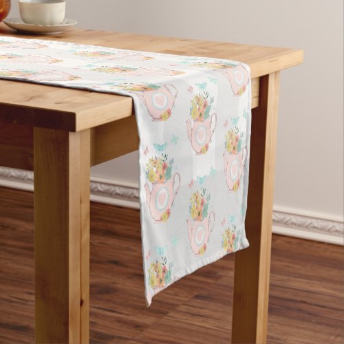 Pink Teapot with Flowers  Butterflies Pattern Short Table Runner