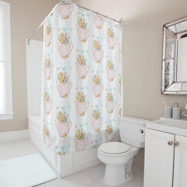 Pink Teapot with Flowers & Butterflies Pattern Shower Curtain (In Situ)