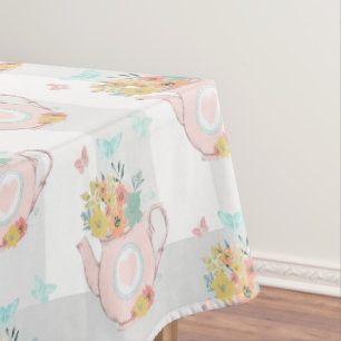 Pink Teapot with Flowers & Butterflies Pattern Tablecloth