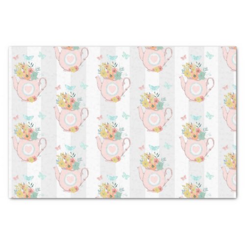 Pink Teapot with Flowers  Butterflies Pattern Tissue Paper