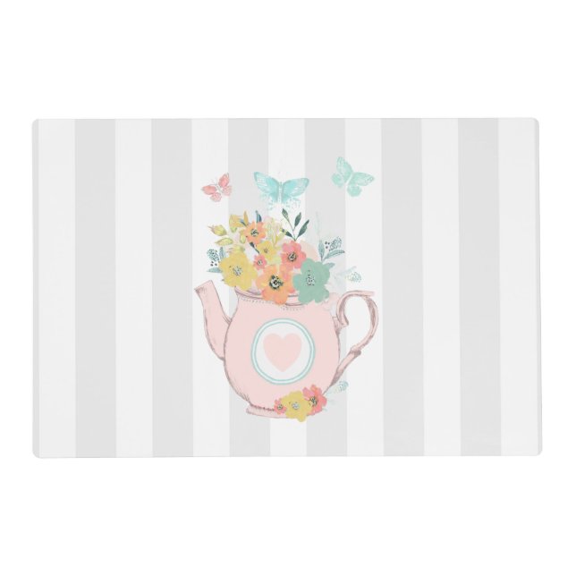 Pink Teapot with Flowers & Butterflies Placemat (Front)