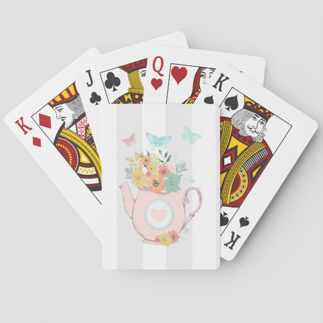 Pink Teapot with Flowers & Butterflies Poker Cards (Back)