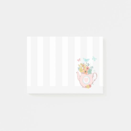 Pink Teapot with Flowers  Butterflies Post_it Notes