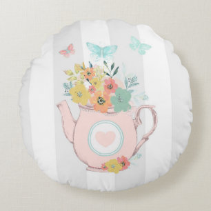 Pink Teapot with Flowers & Butterflies Round Pillow