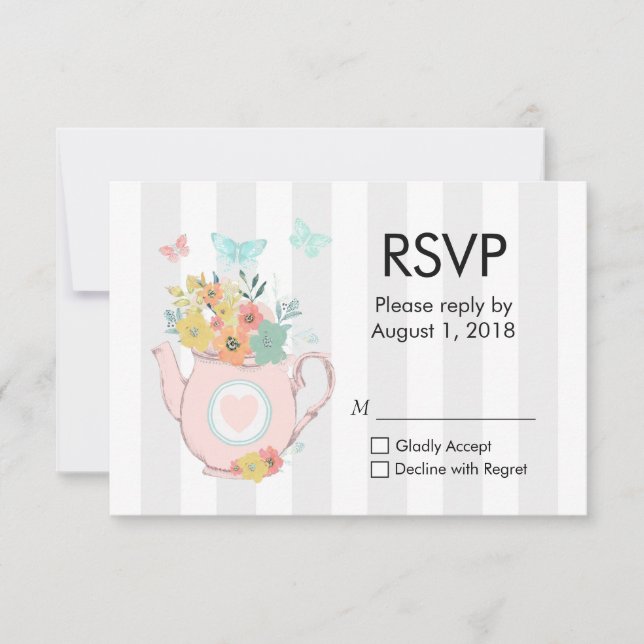 Pink Teapot with Flowers & Butterflies RSVP Card (Front)