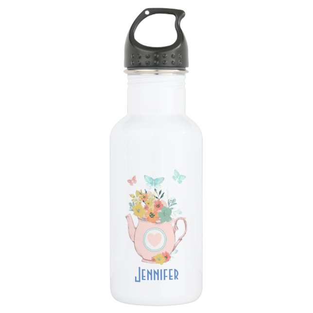 Pink Teapot with Flowers & Butterflies Stainless Steel Water Bottle (Front)