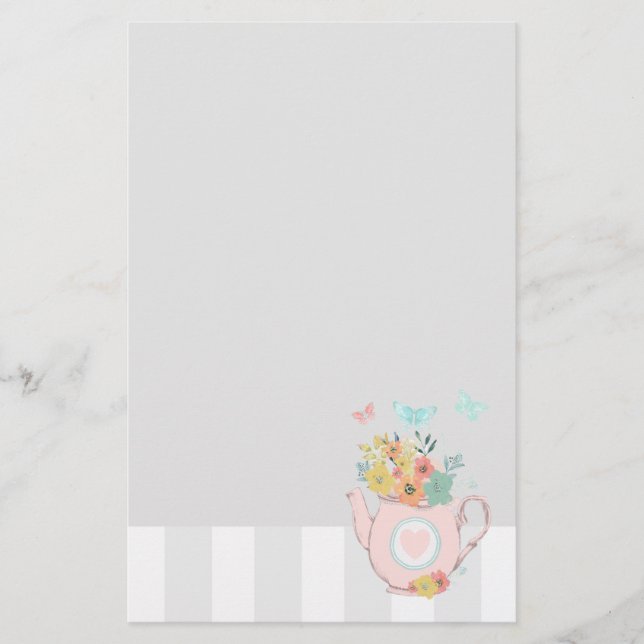 Pink Teapot with Flowers & Butterflies Stationery (Front)