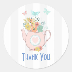 Pink Teapot with Flowers & Butterflies Thank You Classic Round Sticker