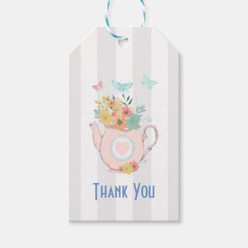 Pink Teapot with Flowers  Butterflies Thank You Gift Tags