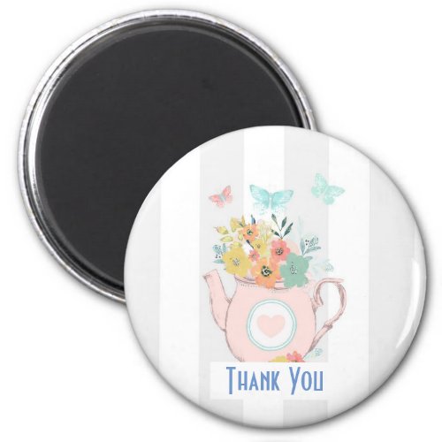 Pink Teapot with Flowers  Butterflies Thank You Magnet