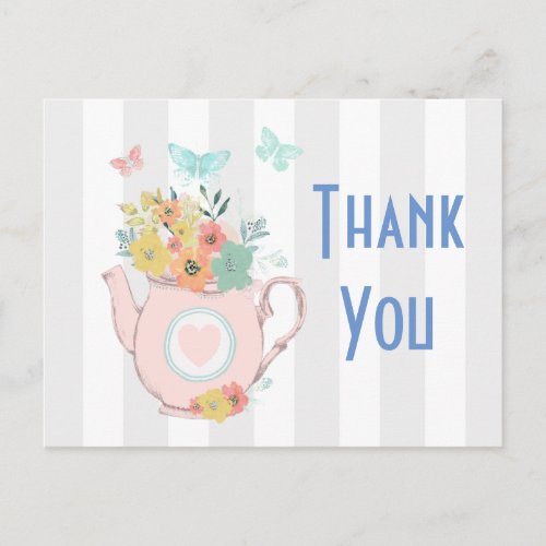 Pink Teapot with Flowers  Butterflies Thank You Postcard