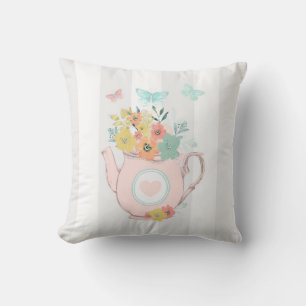 Pink Teapot with Flowers & Butterflies Throw Pillow