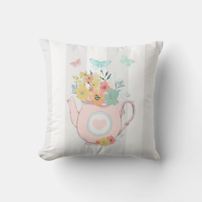 Pink Teapot with Flowers & Butterflies Throw Pillow (Front)