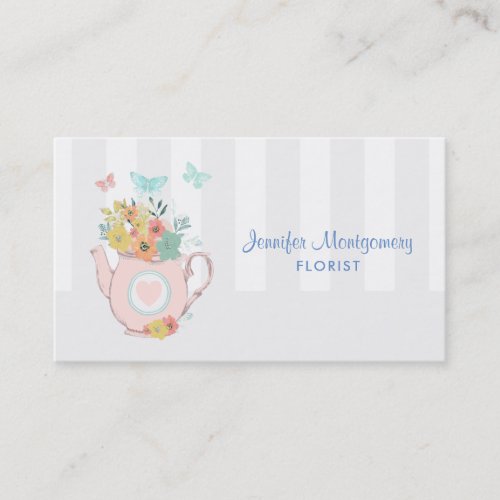 Pink Teapot with Flowers  Butterflies Vintage Business Card