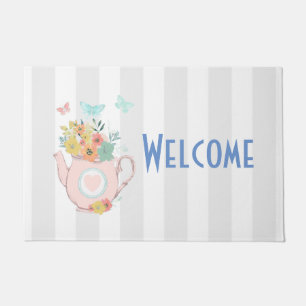 Pink Teapot with Flowers & Butterflies Welcome Doormat
