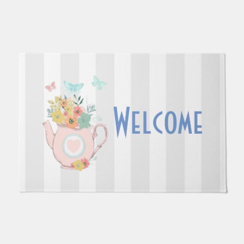 Pink Teapot with Flowers  Butterflies Welcome Doormat