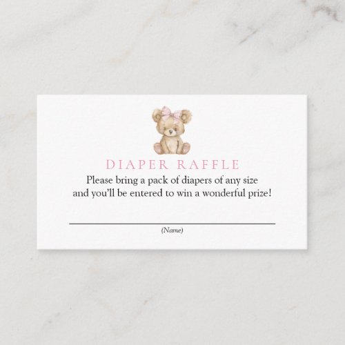 Pink Tedder Bear Baby Shower Diaper Raffle Enclosure Card