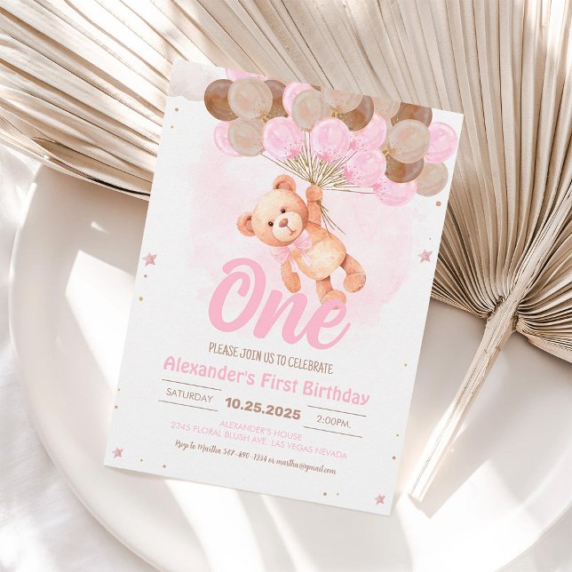 Pink Teddy Bear 1st Birthday Balloons Invitation (Creator Uploaded)
