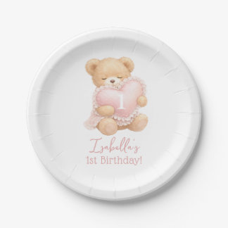 Pink Teddy Bear 1st Birthday Girl Paper Plates