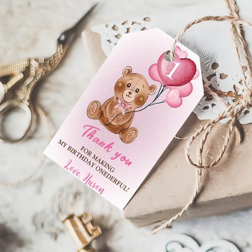 Pink Teddy Bear 1st Birthday Thank You Tag