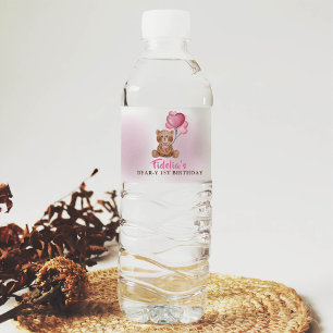 Pink Teddy Bear 1st Birthday Water Bottle Label