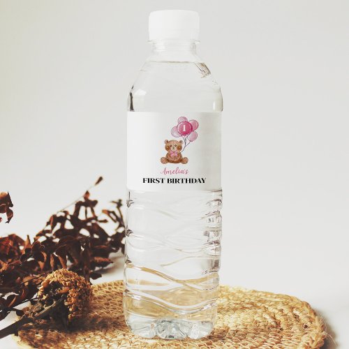 Pink Teddy Bear 1st Birthday Water Bottle Label