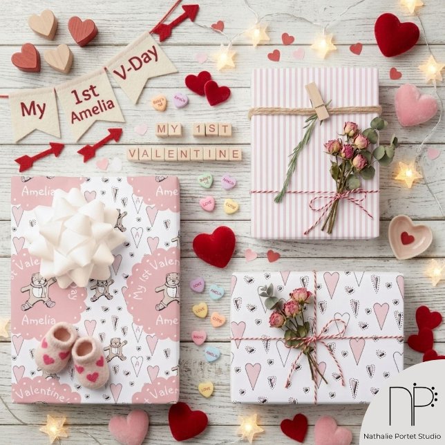 Pink Teddy Bear 1st Valentine Wrapping Paper Sheets (Hand drawn teddy bear wrapping paper for baby girl 1st valentine or birthday celebrations)