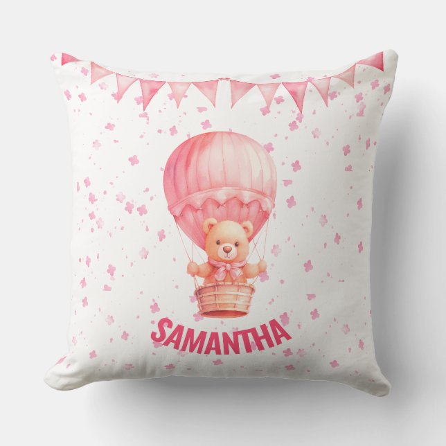 Pink Teddy Bear Air Balloon Throw Pillow (Front)