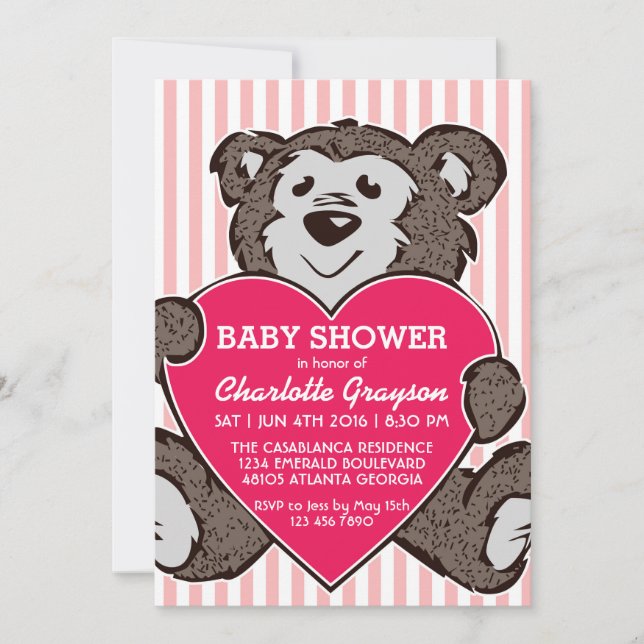 Pink Teddy Bear and Heart Baby Shower Invitation (Front)