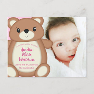 Pink Teddy Bear Baby Birth Announcement Postcard