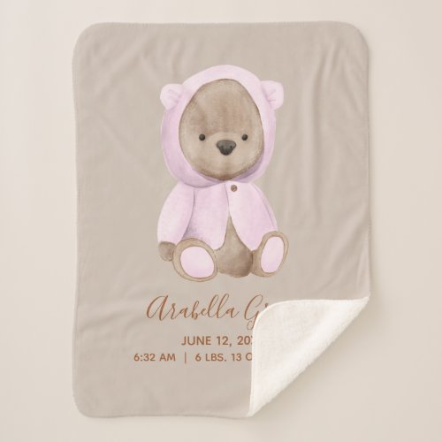 Pink Teddy Bear Baby Birth Stats Sherpa Blanket