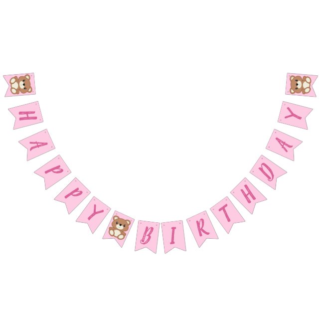 Pink Teddy Bear Baby Birthday Party Bunting Flags (All)
