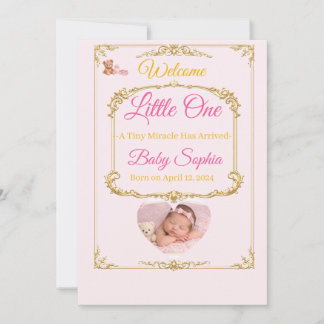 Pink Teddy Bear Baby Girl Birth Announcement Card