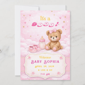 Pink Teddy Bear Baby Girl Birth Announcement Card