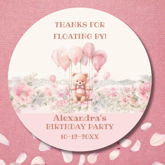 Pink Teddy Bear Baby Girl Birthday Thank You Classic Round Sticker (Creator Uploaded)