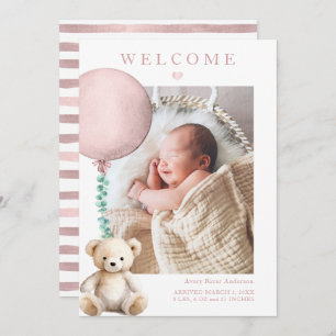 Pink Teddy Bear Baby Girl Photo Birth Announcement