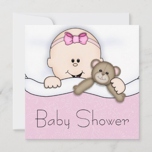 Pink Teddy Bear Baby Girl Shower Custom Invitation