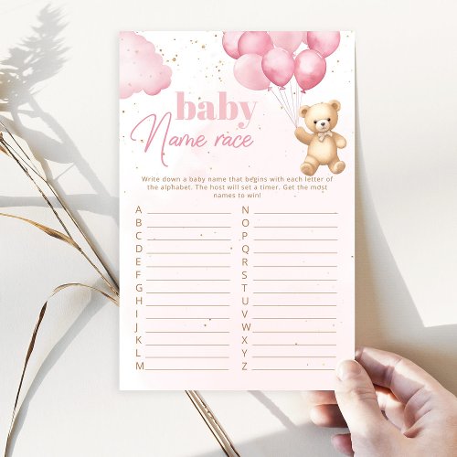 Pink teddy bear baby name race baby shower game