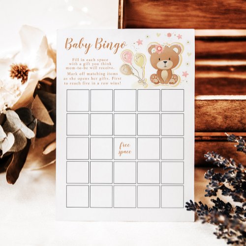Pink Teddy Bear Baby Shower Bingo Game Card