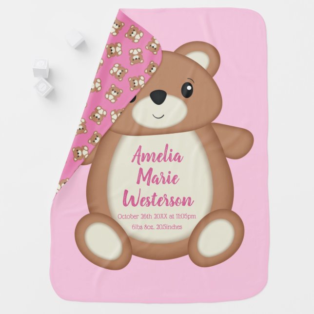 Pink Teddy Bear Baby Shower Blanket (In Situ)