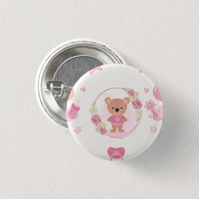 Pink Teddy Bear Baby Shower  Button (Front & Back)