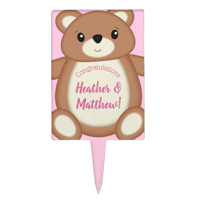 Pink Teddy Bear Baby Shower Cake Topper (Front)